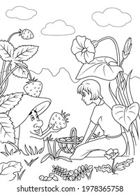 Mushroom presenting a big strawberry to girl. Coloring page for kids.