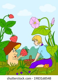Mushroom presenting a big strawberry to girl. Vector illustration for kids.