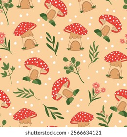 mushroom print, mushroom pattern with flowers