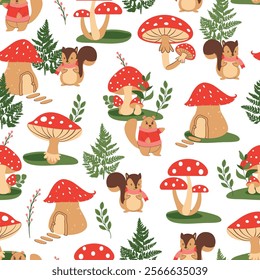 mushroom print, mushroom pattern with leaves, mushroom forest with bears