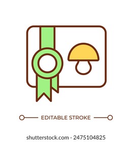 Mushroom products quality RGB color icon. Mushroom cultivation permit. Edible fungi license. Certificate of achievement. Isolated vector illustration. Simple filled line drawing. Editable stroke