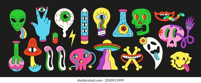 Mushroom psychedelic art. Hallucination sticker. Bright flower. Zombie hand. Trippy smile. Comic eye. Skull bones. Abstract wave. Hipster face. Neon ornament. Alien and crazy ghost. Vector icons set