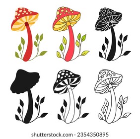 Mushroom psychedelic fantastic fly agaric set. Colored cartoon silhouette shape or symbol doodle tattoo, line ornate surreal spiritual mushrooms. Stylizes retro hippie fungus alchemy vector collection