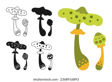 Mushroom psychedelic fantastic toadstool set. Stylizes retro hippie fungus. Colored cartoon silhouette shape or symbol doodle tattoo, line ornate surreal mushrooms. Alchemy drawn vector collection