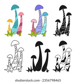 Mushroom psychedelic fantasy toxic set. Stylizes retro hippie fungus. Colored cartoon silhouette shape or symbol doodle tattoo, line ornate surreal mushrooms. Alchemy drawn vector collection