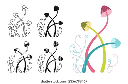 Mushroom psychedelic fantasy toxic set. Colored cartoon silhouette shape or symbol doodle tattoo, line ornate surreal mushrooms. Stylizes retro hippie fungus. Alchemy drawn vector collection