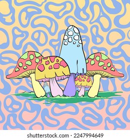 Mushroom. Psychedelic Mushroom and Flower. Background shows drunkenness. hand drawn. Vector illustration.