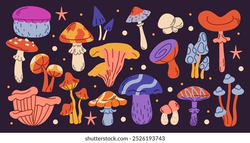 Mushroom psychedelic. Space element acid peace positive, fly mystical agaric. Sticker abstract groovy 70s doodle trippy collection. Champignons style funk. Vector hallucinations symbol graphic set