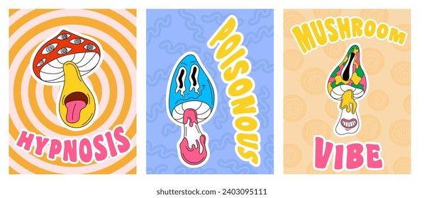 Mushroom psychedelic vintage collection in groovy style. Greeting cards, template, posters, prints, invitations and backgrounds. Vector illustration.