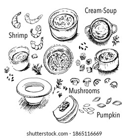 Mushroom, pumpkin, vegetable cream soup with croutons, shrimps. Graphics, sketch, vector illustration.