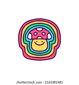 Mushroom with rainbow wave, illustration for t-shirt, sticker, or apparel merchandise. With doodle, retro, and cartoon style.