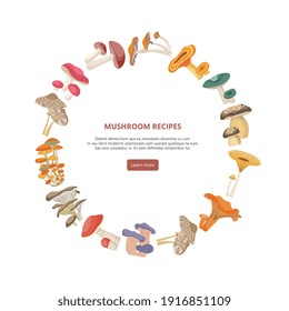 Mushroom recipes banner or brochure cover template with frame of forest mushrooms, flat vector illustration on white background. Culinary recipes of wild fungus.