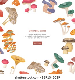 Mushroom recipes card or cover design with decorative frame of forest mushrooms, flat vector illustration on white background. Edible fungus recipes banner template.