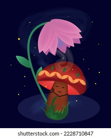 A mushroom with a red cap delights from a magical pink flower