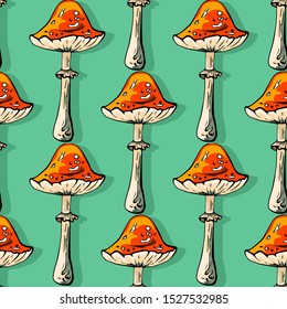 mushroom with a red hat on a thin white leg, seamless pattern on a green background, vector print design