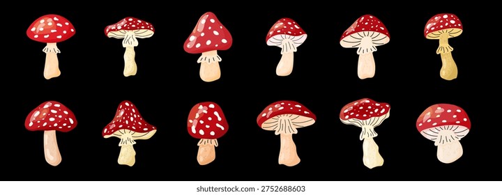 Mushroom red toadstool agaric with psychedelic amanita set and vector forest fly fungi for a poisonous illustration. Isolated flyagaric background or decorative design through fairytale pattern