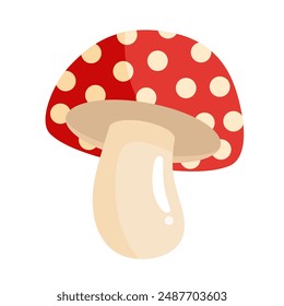 Mushroom Red With White Dots Isolated On White Background (Amanita muscaria), Vector Illustration, Cartoon Style