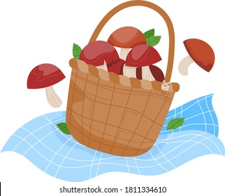 Mushroom rest nature, basket forest fungus, boletus edible, flora element, isolated white, design, flat style vector illustration. Season wild darner, eco wicker pannier, period ornate harvest.