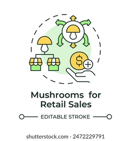 Mushroom for retail sales multi color concept icon. Commercial farming. Grocery stores and supermarkets. Round shape line illustration. Abstract idea. Graphic design. Easy to use in article