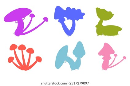 Mushroom retro doodle line style psychedelic isolated set collection. Vector isolated graphic design illustration