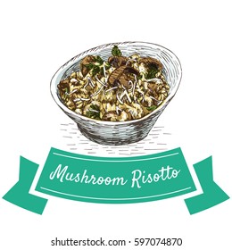 Mushroom Risotto colorful illustration. Vector illustration of Italian cuisine.