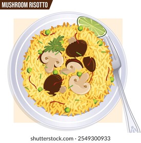 Mushroom Risotto Plate with Fork. Garnished with Peas, Saffron, Parsley and Lime. Italian Rice Dish Top View Detailed Illustration 