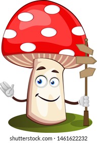 Mushroom with road sign, illustration, vector on white background.