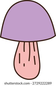 Champiñón con tapa redondeada y tallo largo en contorno audaz, Formas limpias y sombreado suave. Símbolo de la naturaleza, el crecimiento y el ambiente retro para la ecología, el bienestar y los temas boho. Ilustración vectorial de dibujos animados.