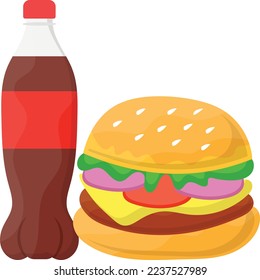 mushroom salsa sauce burger with soft drink concept, Wild salmon sandwich vector icon design, Fast Food symbol, Junk food sign, popular inexpensive good taste snacks stock illustration 