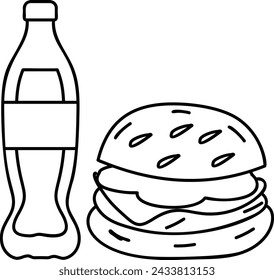 mushroom salsa sauce burger with soft drink outline concept, Wild salmon sandwich vector design, Fast Food hand draw symbol, Junk food sign, english american cuisine stock illustration