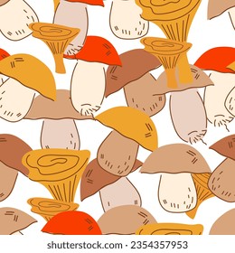 Mushroom seamless autumn pattern design with mushroom plant, flat cartoon vector illustration.