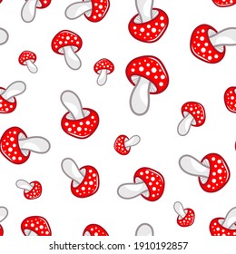 Mushroom seamless pattern. Amanita Muscaria (fly agaric) texture design for textile, wrapping paper. Magic wonderful mushroom backdrop. Vector illustration isolated on white background