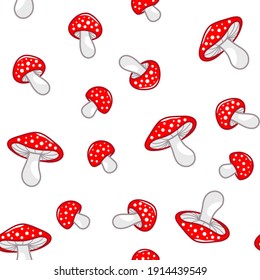 Mushroom seamless pattern. Amanita Muscaria (fly agaric) texture design for textile, wrapping paper. Magic wonderful mushroom backdrop. Vector illustration isolated on white background