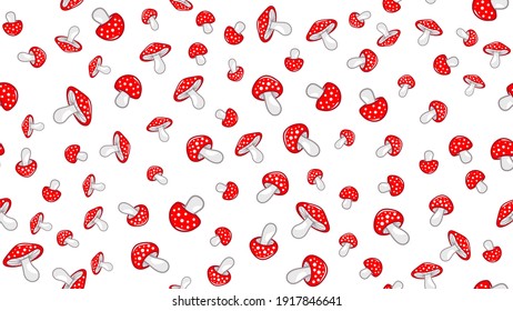 Patrón sin fisuras en hongos. Amanita Muscaria (mosca agaric) diseño de textura para papel textil, envolvente. Magnífico fondo de hongos. Ilustración del vector aislada en fondo blanco