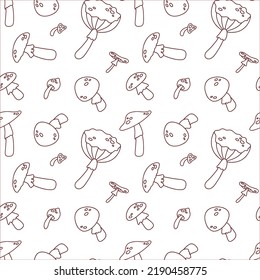 Mushroom seamless pattern. Amanita Muscaria (fly agaric) outline vector illustration for textile, wrapping paper, background. Magic wonderful mushroom backdrop.