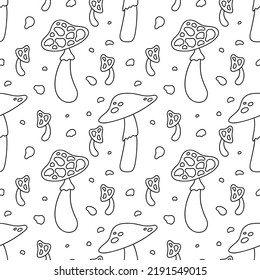 Mushroom seamless pattern. Amanita Muscaria (fly agaric) outline vector illustration for textile, wrapping paper, background. Magic wonderful mushroom backdrop.
