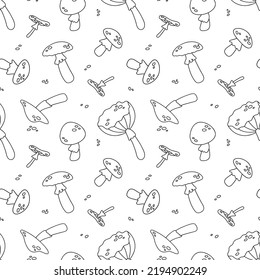 Mushroom seamless pattern. Amanita Muscaria (fly agaric) outline vector illustration for textile, wrapping paper, background. Magic wonderful mushroom backdrop.