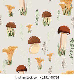 Mushroom seamless pattern with autumn forest wild mushrooms and herbs. Cartoon illustration.