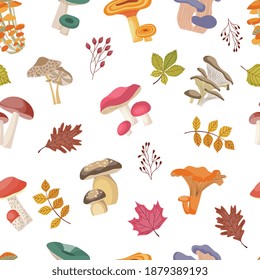 Mushroom seamless pattern, autumn nature plants and leaves on white background. Seasonal wild mushrooms, cute cartoon botanical vector illustration.