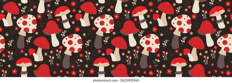 Pilz nahtlose Muster Hintergrund. Illustrationsmuster für Pilze. Pilzhintergrund. Perfekt für Stoffe, Textilien, Tapeten, Dekor. SSTKontexte