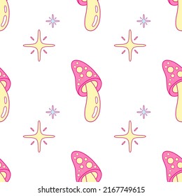 Mushroom seamless pattern. Cartoon fairy fly agaric and stras in pink and yellow colors. Design for textile, wrapping paper. Magic wonderful mushroom backdrop. Vector illustration on white background