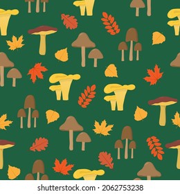 Mushroom seamless pattern. Colorful mushrooms and autumn leaves on green background. Creative autumn texture for fabric, wrapping, textile, wallpaper, apparel. Vector illustration
