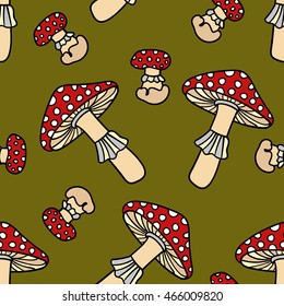 Mushroom seamless pattern. Cute cartoon nature background. Boho striped. Vector