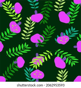  Mushroom seamless pattern design. Cute  mushrooms with white dots on green background. Vector illustration drawn by hand
