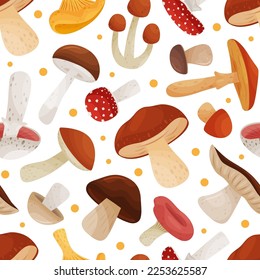 Mushroom Seamless Pattern Design with Edible Agaric Forest Growing Food Vector Template