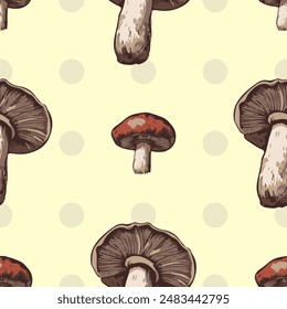 Mushroom seamless pattern. Designs on polka dot, grid, and plain backgrounds in beige, yellow, brown, and red. Perfect for fabrics, wallpapers, and digital projects
