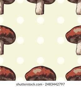 Mushroom seamless pattern. Designs on polka dot, grid, and plain backgrounds in beige, yellow, brown, and red. Perfect for fabrics, wallpapers, and digital projects