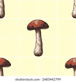 Mushroom seamless pattern. Designs on grid, and plain backgrounds in beige, yellow, brown, and red. Perfect for fabrics, wallpapers, and digital projects