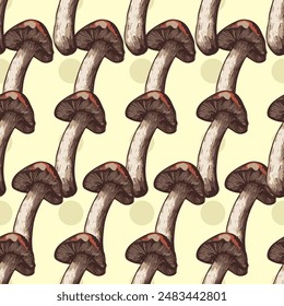 Mushroom seamless pattern. Designs on polka dot, grid, and plain backgrounds in beige, yellow, brown, and red. Perfect for fabrics, wallpapers, and digital projects