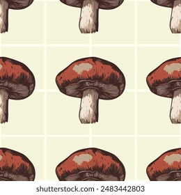 Mushroom seamless pattern. Designs on grid, and plain backgrounds in beige, yellow, brown, and red. Perfect for fabrics, wallpapers, and digital projects